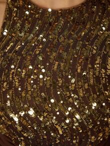 Mgiacy New Arrival Round Neck Halter Fancy Evening Gown Dress Sequin Ruched High Slit Chiffon Long Dress - Brown - View 10