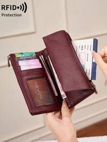 MIYIN Women's Long Soft PU Leather Wallet, Multi-Functional Multi-Layer Design, Elegant Patchwork Magnetic Snap Closure, Multi-Card Slots Clutch Purse, Dual Zipper Coin Pouch ID Card Holder, Lightweight Tri-Fold Practical Handbag, Suitable For Party, Date, Holiday Gift - Burgundy - View 6