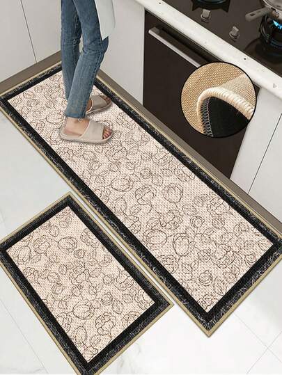 3.5毫米厚亚麻厨房地垫，复古风格吸水厨房地毯，橡胶底背衬，包边设计防止脱皮，吸水性强，易于清洁，适用于厨房、浴室、洗衣房、玄关等场所。