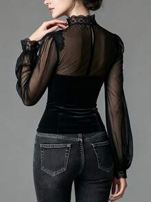 Women's Classic Elegant Mesh, Velvet & Lace Patchwork Blouse - Black - View 3