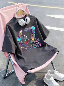 Tween Girl Colorful Number 67 & Six Seven Print T-Shirt, Suitable For Daily Wear, Party, Fashion For Summer - Dark Grey - View 4