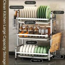 Three-Tier, Large-Capacity Drain Rack, Dish Rack Kitchen Essentials, Sturdy And Durable, Suitable For Kitchen Decor, Organizer Storage, And Kitchen Storage. It Can Hold Dishes, Cutlery, Spoons, Chopsticks, Cups, Coffee Cups, And Other Tableware - 黑色 - 查看 5