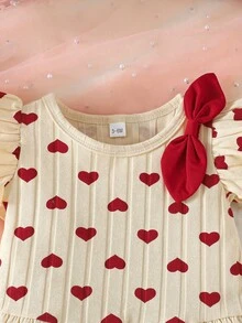 2pcs Baby Girls Heart Print Top And Casual Shorts Set With Headband, Sweet Little Girl Outfit - Apricot - View 4