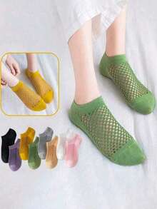 5双夏季新款女士袜子，透气吸汗涤棉混纺女士船袜，破洞袜，日式网眼袜 - 彩色 - 查看 3