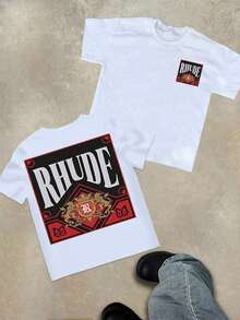 Rhude Pattern Printed Round-Neck-Shirt (Cotton-Shirt)% Cotton Fabric - Street Style Neutral Round-Neck Breathable Short-Sleeved-Shirt, Retro, Casual, Versatile And Fashionable Summer Men's Daily Wear-Shirt - 黑色 - 查看 4