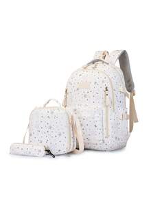 Women's Half-Shell Gauze Backpack Kit, Lightweight And High-Value, Simple, For Campus, Large Capacity, School Backpack, With Thermal Lunchbox. - White - View 2