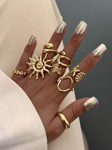 8件套几何、火焰、贝壳、海星、镂空水滴多元素可叠戴戒指套装，奢华优雅，适合海滩度假、派对、日常休闲佩戴、街头摄影，女士及情侣皆宜，亦可作为节日及生日礼物。 - 戒指 - 查看 9