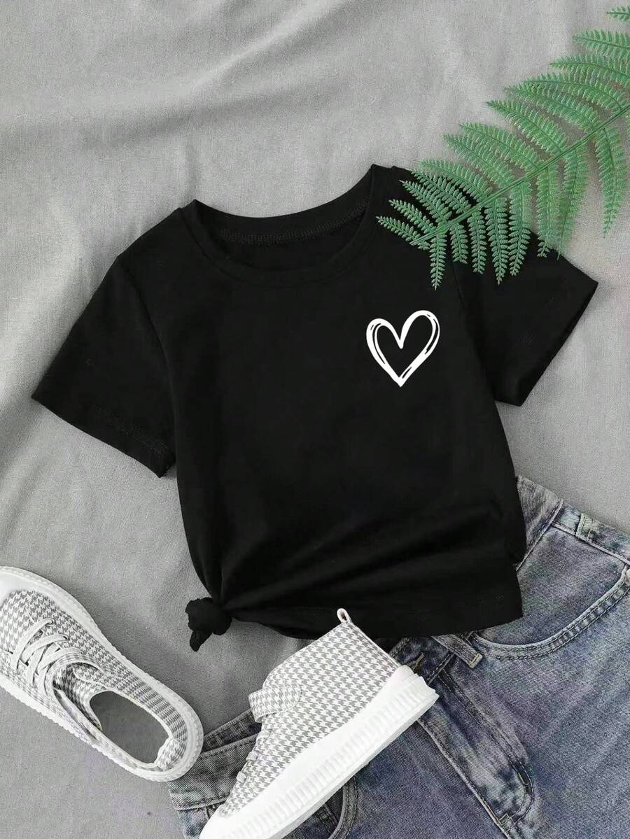 女童夏季休闲爱心印花圆领短袖T恤 - 黑色 - 查看 1
