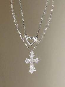 2件套时尚水钻镶嵌心形十字架项链，精致别致的十字架项链，情人节奢华礼物 - 銀色 - 查看 1
