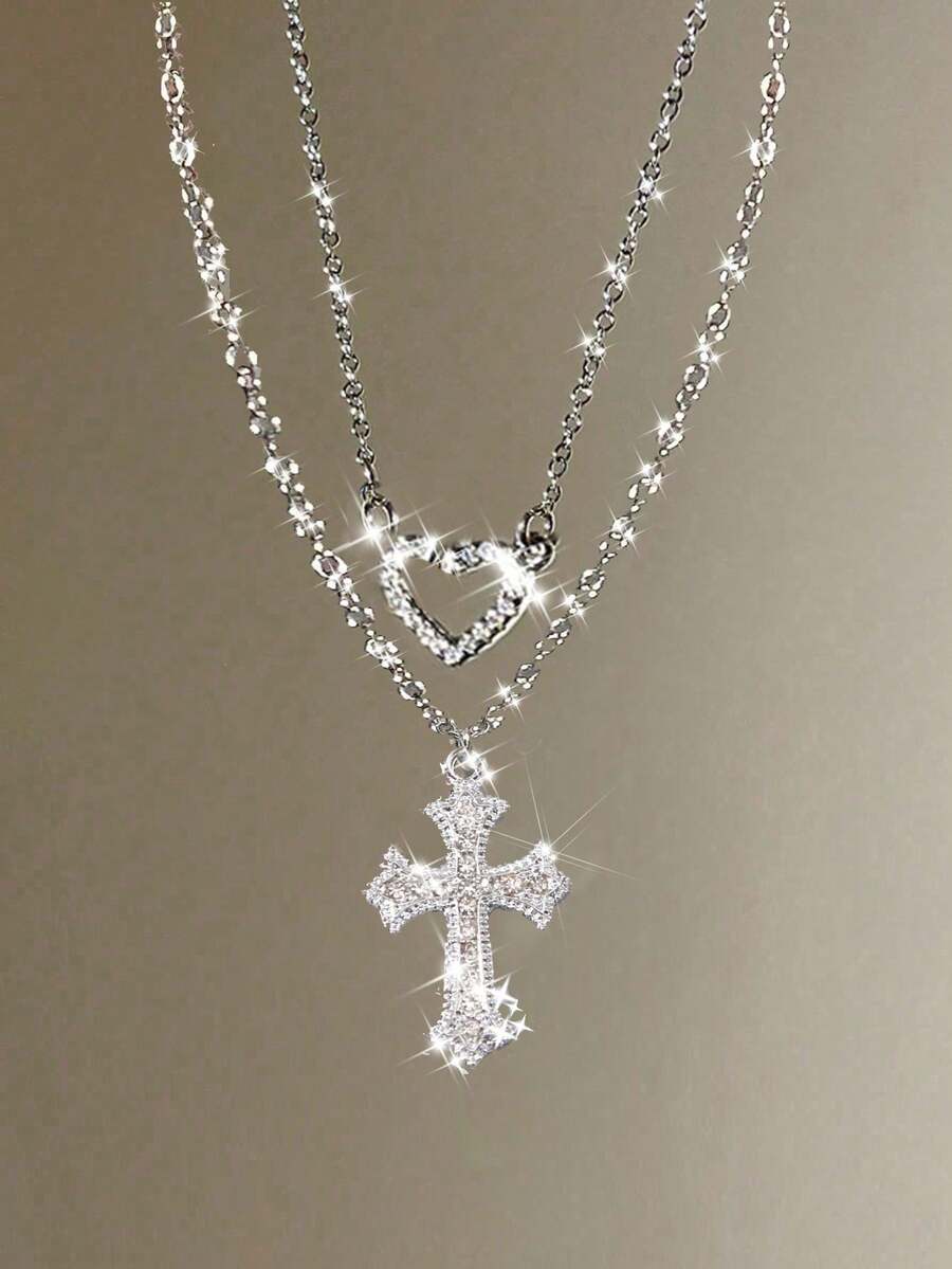 2件套时尚水钻镶嵌心形十字架项链，精致别致的十字架项链，情人节奢华礼物 - 銀色 - 查看 1