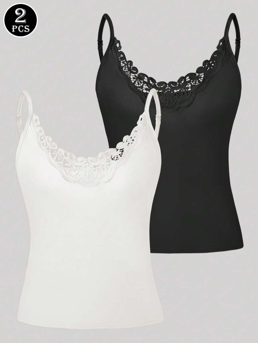 2pcs Women Embroidered Camisole Vest, Versatile Layering Undershirt, Adjustable Shoulder Straps, Suitable For All Seasons - Multicolor - View 1