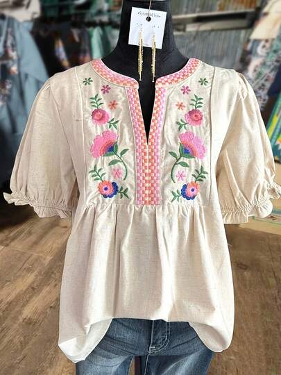 Boho Floral Embroidered V-Neck Puff Sleeve Blouse Women's Casual Loose Fit Top