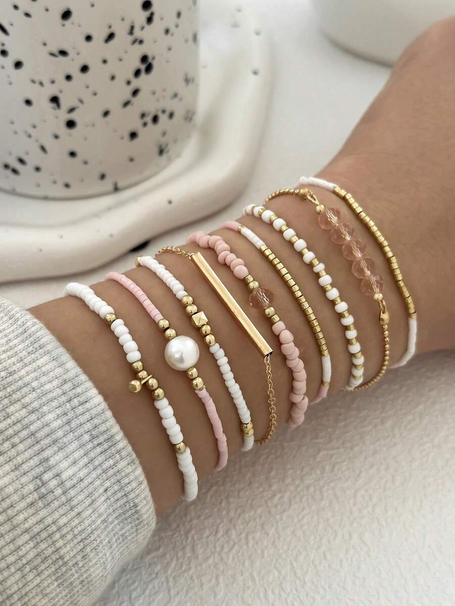 9pcs Boho Style CCB Faux Pearl Beaded Bracelet Set For Women - Gold - View 1