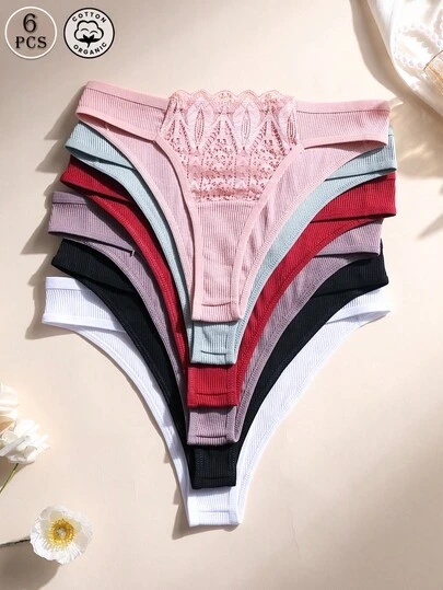 6 piezas de bragas de bikini de algodón acanalado con adorno de encaje floral - Ropa interior sexy de talle bajo y cómoda para mujer, uso diario, deportes, yoga, tipo culotte atrevido