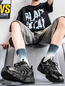 男士休闲通勤舒适厚底休闲鞋，适合多种场合，时尚简约小众设计，透气低帮运动鞋，适合青少年运动跑步 - 黑色 - 查看 2