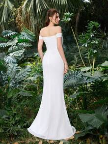 Faeriesty Elegant White Ruffle Mermaid Maxi Dress With High Slit, Suitable For Party, Vacation, Beach And Wedding - White - View 2