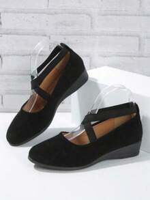 Women's Solid Color Comfy Flat Cross Elastic Band Soft Sole Walking Shoes, Wedge Heel Daily Shoes - màu đen - Xem 8