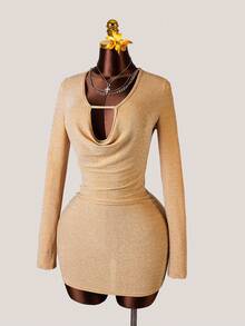 2026 Party Dress Women's Metallic Thread Yellow Plunging Neck Sexy Knit Long Sleeve Short Dress, Evening Gown, Holiday Party Celebration Dress, Christmas, Wedding Season, Spring/Summer New Arrival - Ginger - View 1