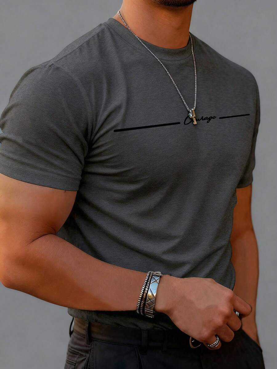 Men's Casual Versatile Daily Commute Simple Printed Round Neck Short Sleeve T-Shirt, Summer - Dark Grey - View 1