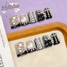 Nailplus 10pcs Y2K Nails Chic Duckbill Press On Nails Set,Handcrafted,Pink & Purple Gradient, 3D Rhinestone & Bowknot Decor,French Tips Style,Shiny Detail Pure Handmade Reusable Suitable For Women And Girls, Back To School Season, Parties, DIY Nail Art, Includes Tool Kit. Duck Nails. Handmade Press On Nails. Fake Nails. Nail Supplies - 彩色 - 查看 13