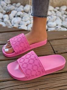 女士时尚拖鞋，纯色字母印花，橡胶鞋底，柔软轻便，室内家居拖鞋，舒适休闲户外凉鞋，适合海滩、派对、散步等场合。 - 玫紅色 - 查看 9