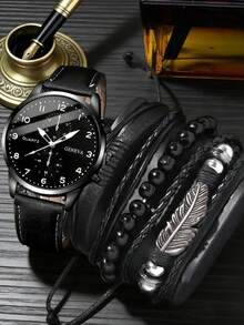 4pcs/Set Men's Watch Set, Fashion Quartz Watch + Versatile Bracelet Set, Classic Round Dial, Comfortable Nylon Strap, Suitable For Daily Wear - Black - View 6