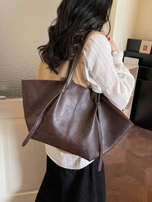 Sac à bandoulière rétro à la mode et grande capacité, sac fourre-tout léger et polyvalent pour un usage quotidien simple et décontracté, sac sous le bras de style de conception de niche en couleur unie, sac polyvalent et populaire pour femmes, convenant pour le shopping, les déplacements, le travail et les voyages quotidiens - Marron - Voir 4