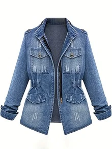 Women's Plus Size Light Blue Waist-Fitted Denim Jacket  Casual    Pocket  Zipper  Button Front    Vacation  Night Out  School  Holiday  Home  Daily    Autumn And Winter  Light Blue Solid Color Plus-Size Waist-Cinching Denim Jacket ... - Màu xanh lam - Xem 6