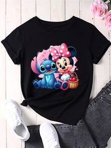 Minnie Mouse And Stitch Cartoon Character Print Women's White T-Shirt Casual Summer Top - màu đen - Xem 2