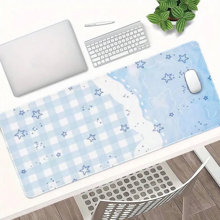 1 件装浅蓝色格子星形图案鼠标垫，简约清新少女风桌面垫，大号防滑办公游戏键盘垫 - 長方形 - 查看 1