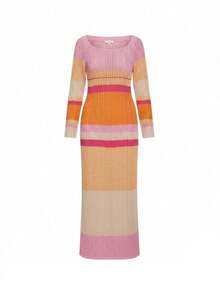 Senya 女士圆领撞色条纹长袖针织连衣裙，甜美优雅风格，适合日常休闲穿着、约会、情人节、婚礼、休闲派对、机场穿搭、海滩度假等场合，2026 夏季新款 - 亮橙色 - 查看 10