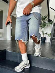 Light Blue Frayed Hem Denim Shorts, Straight Leg Casual Shorts With Asymmetrical Frayed Hem And Natural Fading, Versatile Fashionable Style For All Seasons - 藍色 - 查看 2