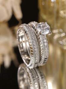 两件套优雅立方氧化锆戒指套装，女士奢华珠宝，适合婚礼、派对、宴会等场合，铜质材料，不褪色且低致敏性，是理想的礼物之选。 - 銀色 - 查看 3