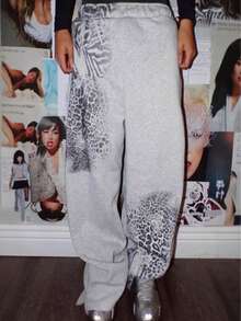 Men's & Women's Y2K Vintage Wide-Leg Pants - 2000s Retro Streetwear With Leopard & Zebra Print, Elastic Waist Straight Leg Trousers For Hip-Hop Outfits, All-Season Casual Wear (Machine Washable) - 灰色 - 查看 2