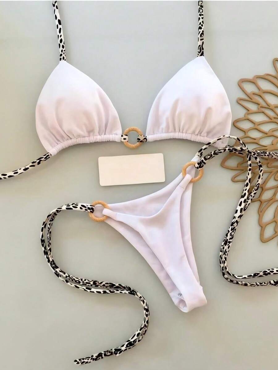 2026 Women's Summer Beach Leopard Print Patchwork Bikini Swimwear Set Vacation White - White - View 1