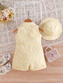 Summer Baby Girls Fashionable Floral 3D Vest Romper & Bucket Hat Outfit - Yellow - View 2