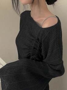 女士上衣，韩版柔软针织抽绳毛衣，黑色 - 黑色 - 查看 4