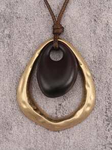 1pc Bohemian Gold & Silver Teardrop Alloy Necklace, Fashion Brown Wax Rope Long Chain, Elegant Resin Choker Necklace, Party Gift, Gift For Girlfriend/Mother - Resin - View 4