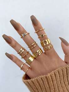 Set de 12 anillos apilables con diseño de mariposa hueca con tono dorado, diseño de moda, adecuado como regalo del Día de San Valentín, para combinar con atuendos, anillos de nudillo - Juego de 12 piezas - Ver 3