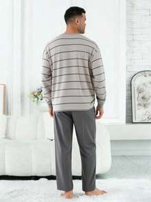 2pcs Men's Plus Size Casual Loose Striped Long Sleeve Top With Pockets & Solid Color Lounge Pants Pajama Set, Suitable For Spring, Autumn, Winter, Valentine's Day Gift - Light Grey - View 2
