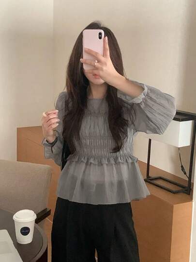 Korean Spring Romantic Sweet Frill Trim Gathered Waist Flounce Sleeve Chiffon Blouse Top