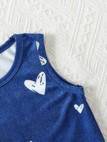 Bộ đồ đôi cho bé gái gồm áo khoác denim in hình trái tim dễ thương và quần ống rộng, trang phục thường ngày mùa hè năng động. - Màu xanh lam - Xem 4