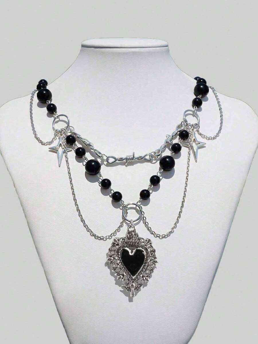 1件哥特式多层心形吊坠项链，仿珍珠流苏颈链朋克锁骨链，多层毛衣链，ins嘻哈锁骨链，女士情人节礼物 - 黑色 - 查看 1