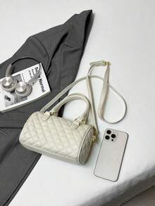 New Fashionable Bowling Bag For Women, Plaid Handbag, Versatile Crossbody Cylinder Bag With Chic Vibe, Spring/Summer - Beige - View 8