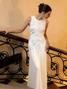 Aliao 优雅 3D 激光切割腰线无袖背心斜开衩长裙，欧式风格，波西米亚复古风，单身派对，返校季，假日装扮，派对礼服，舞会礼服，做工精良，夏季女装，复活节，锐舞音乐节装扮，演唱会女装，早午餐女装，婚礼宾客礼服，波西米亚风 - 杏色 - 查看 9