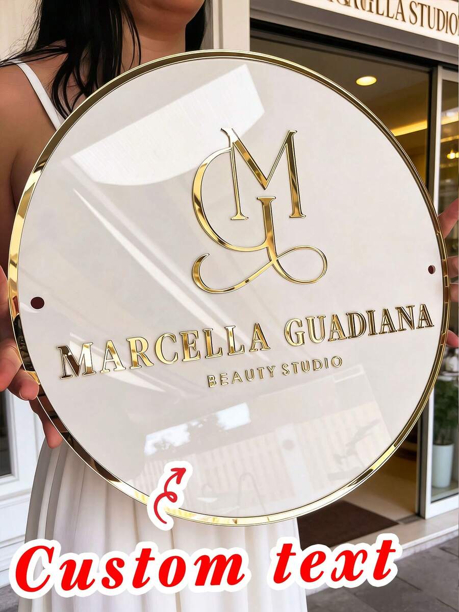 Letrero personalizado para salón con fondo blanco y letras doradas, incluye todo el material de montaje. Letrero de negocio de oficina, letrero de logotipo personalizado, letrero de negocio al aire libre, decoración de salón de belleza, logotipo de boutique personalizado, logotipo 3D de negocio, letrero moderno de acrílico, letrero de logotipo personalizado, letrero de logotipo redondo de acrílico, letrero de logotipo de negocio, letrero de salón, letrero para negocio, letrero de negocio de acrílico