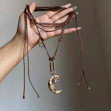 1件复古波西米亚风月亮星星吊坠PU皮链项链，适合女性日常佩戴、派对、音乐节等场合 - 毛衣链 - 棕色 - 查看 6