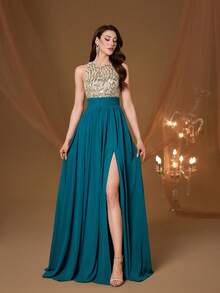 Mgiacy New Arrival Round Neck Halter Fancy Evening Gown Dress Sequin Ruched High Slit Chiffon Long Dress - Green - View 3