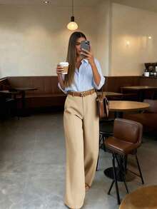 Quần tây nữ cạp cao kiểu cổ điển, thiết kế dáng rộng, chất liệu mềm mại, phù hợp mặc công sở, vải nhẹ, lý tưởng cho mùa xuân và mùa hè. - Màu be - Xem 4