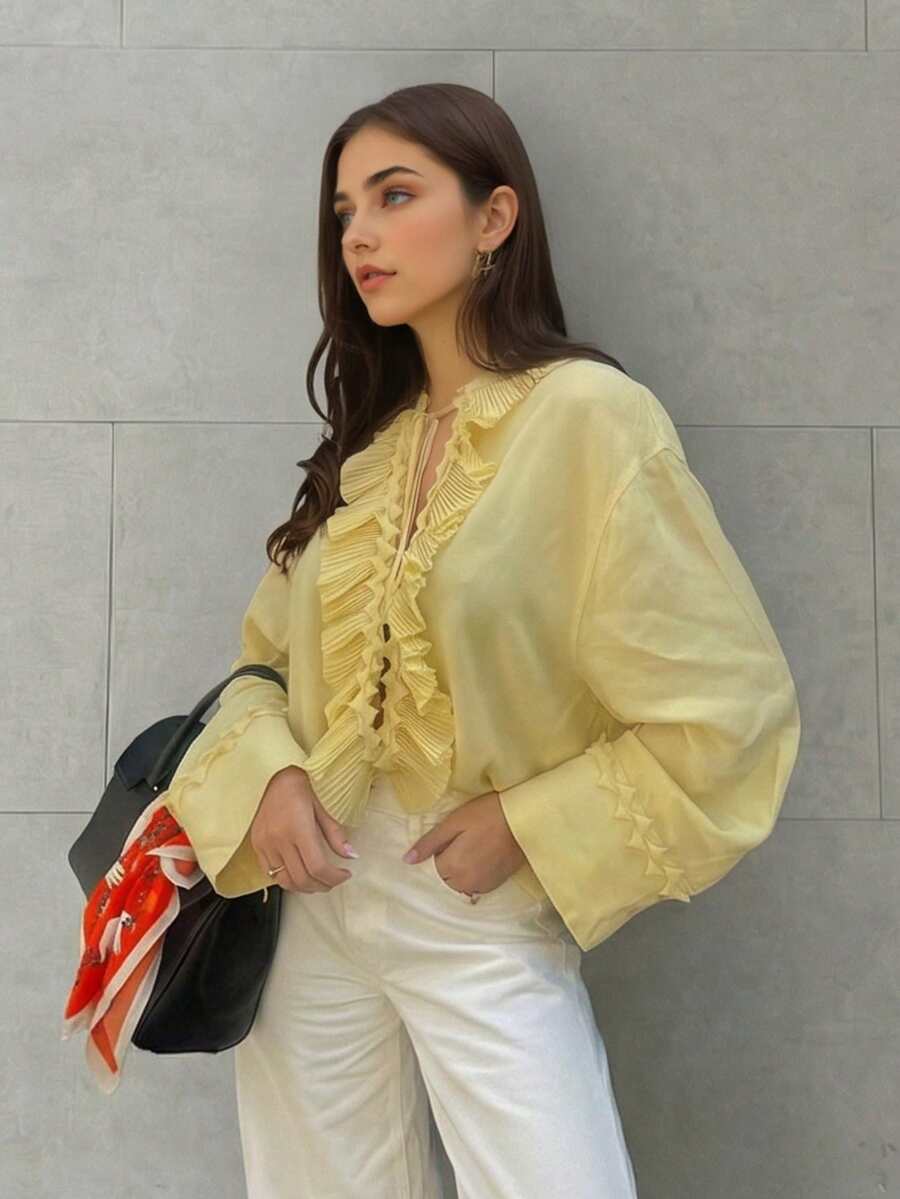 Women Blouse Yellow Ruffled Lace Up Long Sleeve Top For Romantic Casual Styling